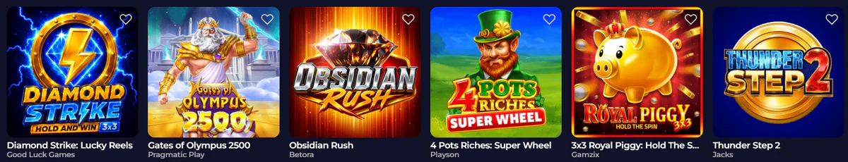 B7 Casino selectie van populaire slots: Diamond Strike Lucky Reels, Gates of Olympus 2500, Obsidian Rush, 4 Pots Riches Super Wheel, Royal Piggy en Thunder Step 2